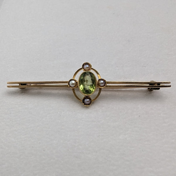 British Antique 15ct Gold Greenstone & Pearl Pin Brooch